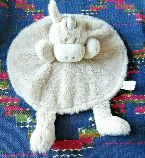 Kp/  Doudou Plat Rond Fourrure Licorne Gris Argent  Blanc Beige   Exc Etat