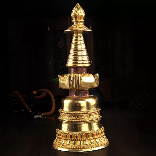 9" Buddha Tibet Tibetan Buddhist Mikky Copper Gilding Stupa Tower Divine Focus