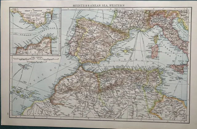 1896 Western Mediterranean Sea  Original Antique Map 125 Years Old