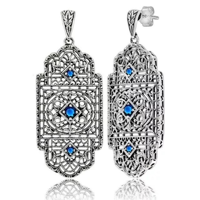 Natural  2CT Blue Sapphire 925 Sterling Silver Victorian Style Earrings FB10