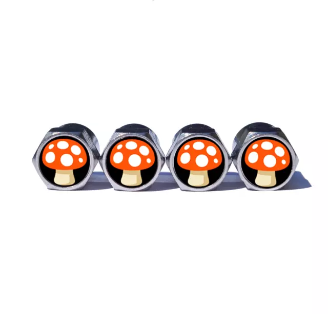 Mushroom Emoji Tire Valve Stem Caps - Chrome Surface - Set of Four