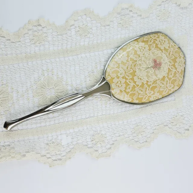 Vintage Dressing Table Hand Held Mirror Embroidered Floral Rose Lace Silver Meta