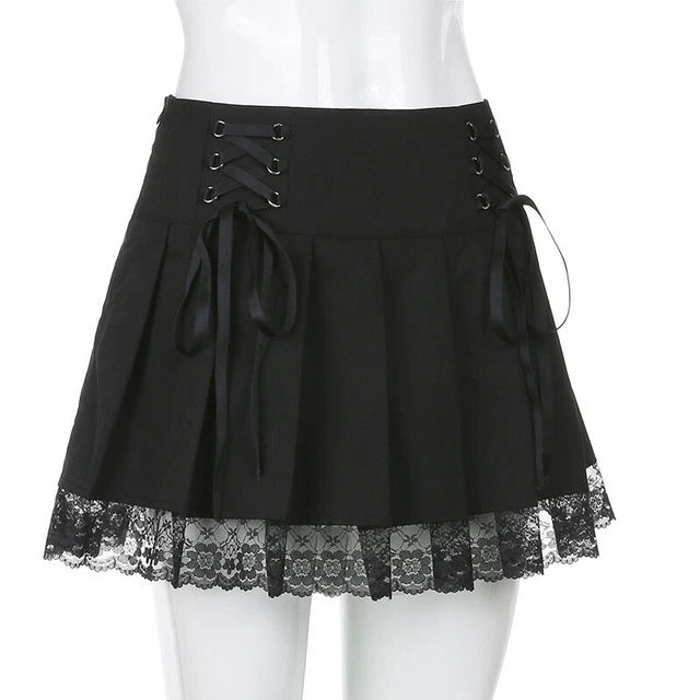 Y2K Side Zip Flared Pleated Mini Skater Skirt Streetwear Women Punk Lace-up Goth