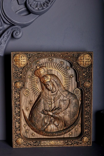 Icona Cristiana Legno Scolpita Religiosa Vergine Maria Ostra Brama Arte Da...