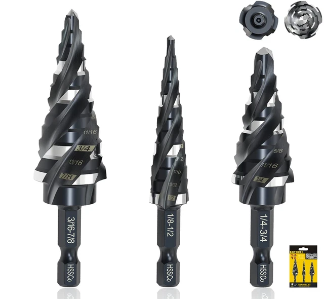 M35 Four Spiral Flute Step Drill Bit Set 1/8"-7/8"(3 Pcs), 1/4" Hex Shank Drill