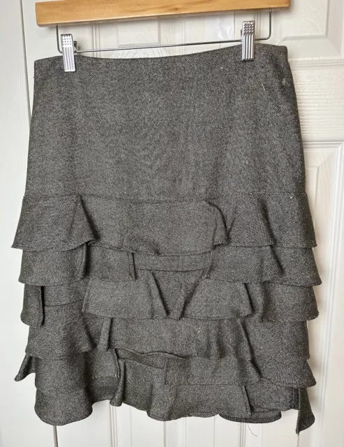 TALBOTS Tiered Ruffle Tweed Skirt Olive Green Wool Blends Workwear Speckled Sz 4