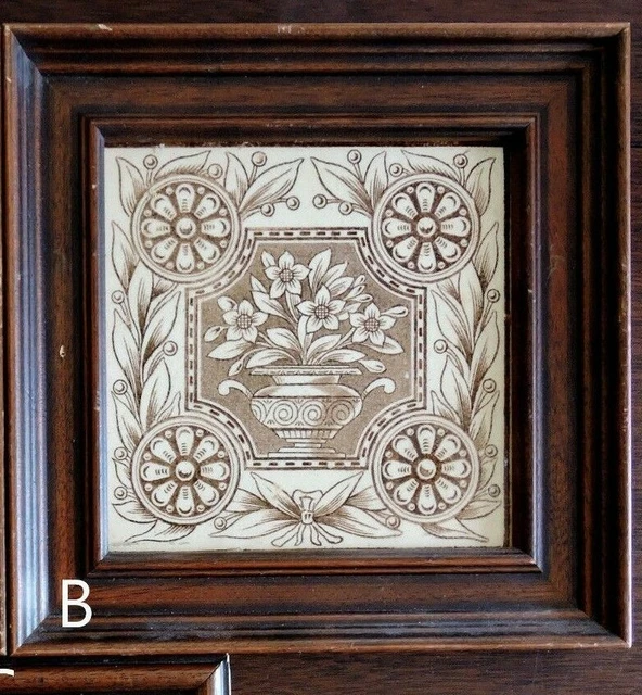 Ceramic TILE, Aesthetic, Brown Transferware, Flowers n Vase, c1890, 6" sq