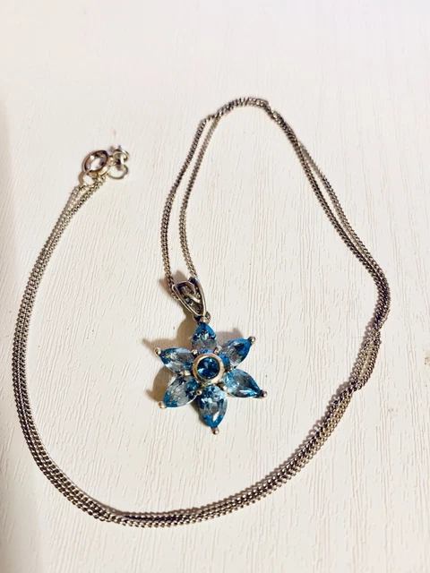 Sterling Silver 925 Blue Gem Stone Flower Necklace Pendant 19 Inch Chain