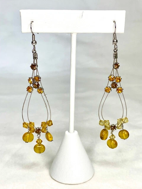Amber Colored Bead and Rhinestone Chandelier Earrings Boho Bollywood 3 5/8” L