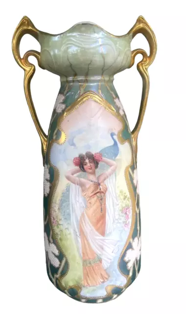 Art Nouveau Germany Beauty & Peacock Gilt Highlighted Vase BK Mark Portrait Vase