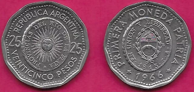 ARGENTINA 25 PESOS 1966  MOTIF OF 8 REALS COIN "EL SOL DE MAYO"1st ISSUE OF NATI