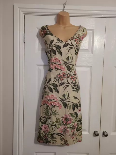 Green & Beige Lined Floral Linen Dress Size 16 By Laura Ashley