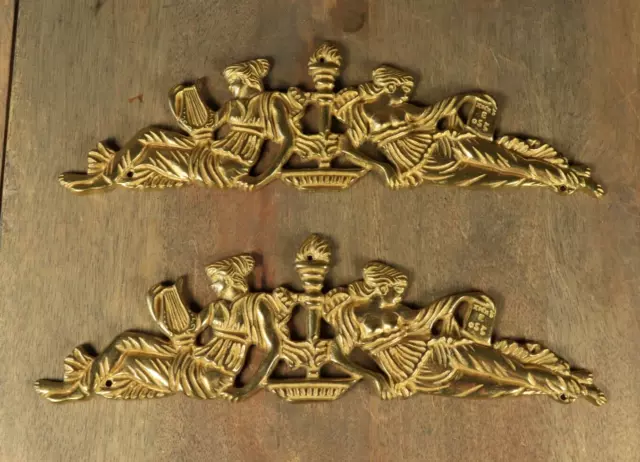 Antique VTG French Gilt Brass PAIR Figural Lady Pediment Empire Style Ornament