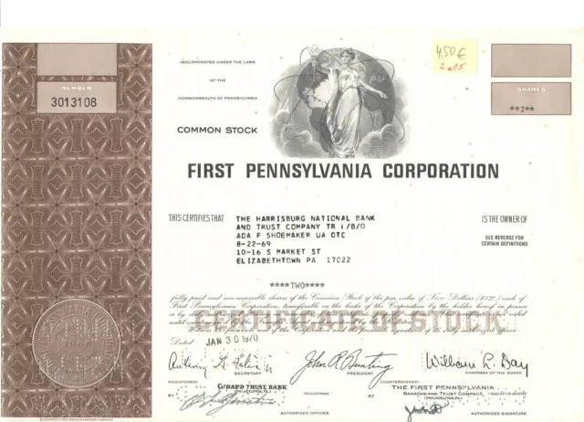 First Pennsylvania Corp. 2  Shares  Bank  USA  1970   Dekostück