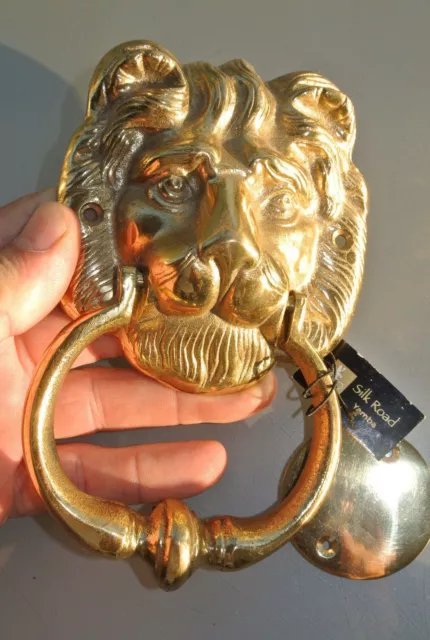 LION head heavy POLISHED Door Knocker SOLID BRASS vintage old style house 7"B