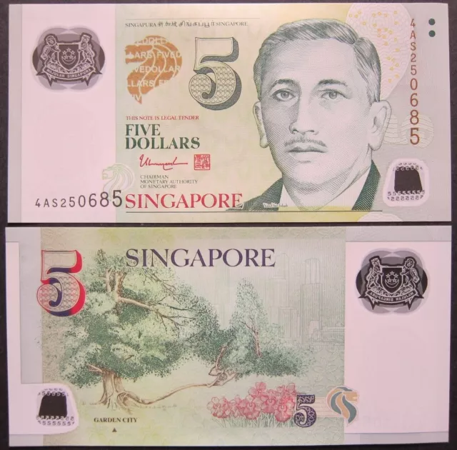 2014 SINGAPORE 5 DOLLARS POLYMER P-47d UNC W/1 TRIANGLE GARDEN CITY THARMAN