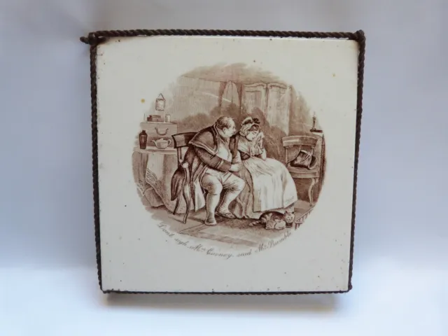 Antique 6’’ ceramic tile teapot stand James Mahoney illustration, Dickens Twist