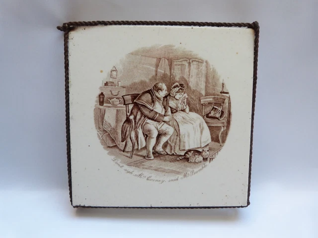 Antique 6’’ ceramic tile teapot stand James Mahoney illustration, Dickens Twist
