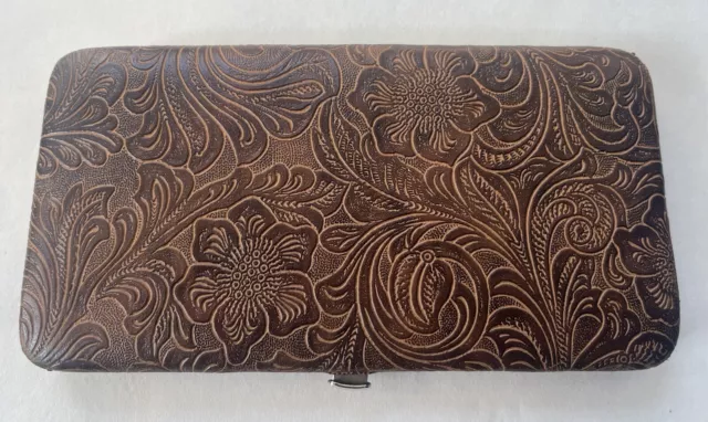 Embossed Faux Leather Wallet Hinged Billfold Brown Western Tooled Ornate Flowers