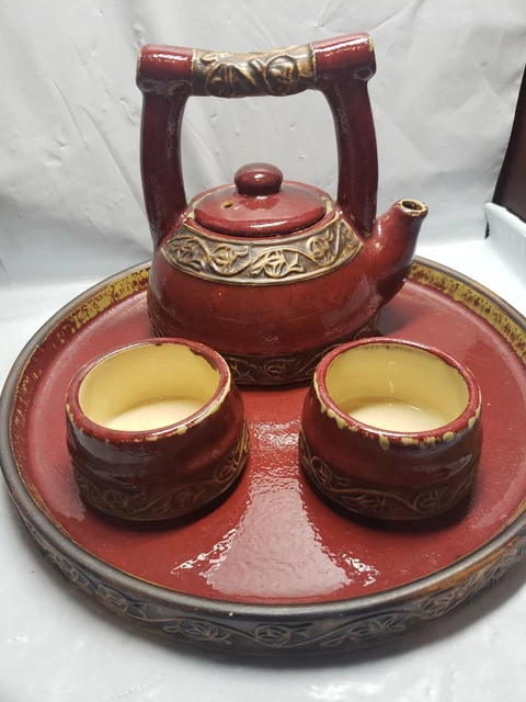 Pier 1 Earthenware Tea Service For 2 People asian inspired pagoda handle