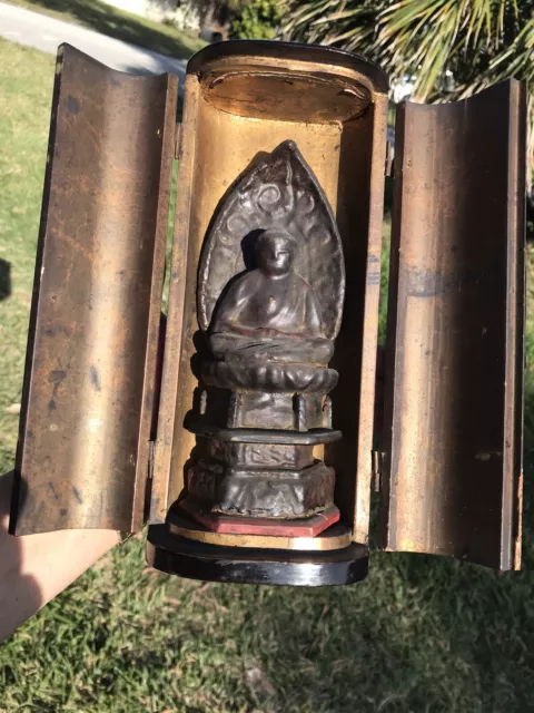 Antique 19th Century 1800’s Japan Polychrome Buddha In Gilt Travel Shrine