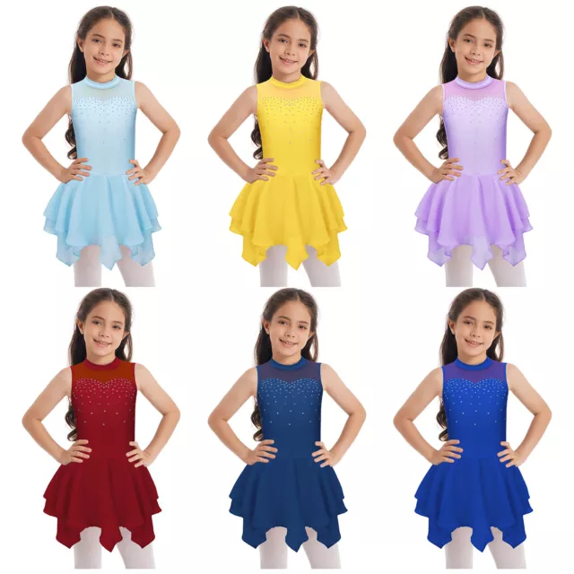 Kids Rhinestones Figure Ice Skating Dress for Girls Roller Skating Dance Costume