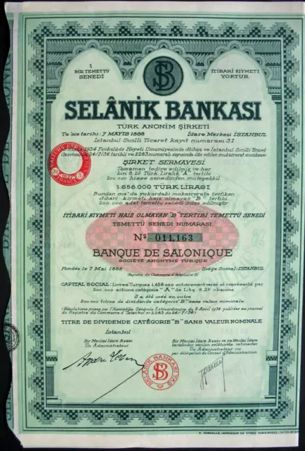 Selanik Bankasi / Banque de Salonique Bank Aktie Türkei Istanbul Türkiye greece