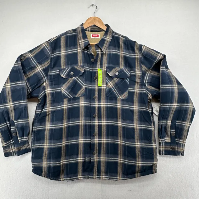 WRANGLER MENS XL Shirt Jacket Plaid Sherpa Fleece Lined Blue Flannel ...
