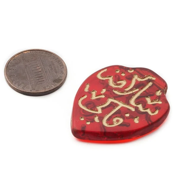 Vintage Czech gold gilt oriental red heart pendant glass bead 34mm 3