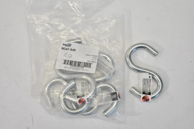 Lot of 5 National Hardware Heavy Open S Hooks Steel Zinc Plated 3-1/2" N347-849