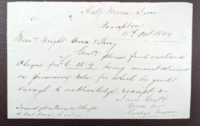 1899 Letter from Half Moon Inn, Brampton to Wright, Brown & Strong