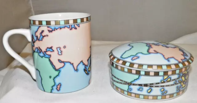 Vintage Tiffany & Company World Map Porcelain Trinket Box & Coffee/Tea Cup NICE