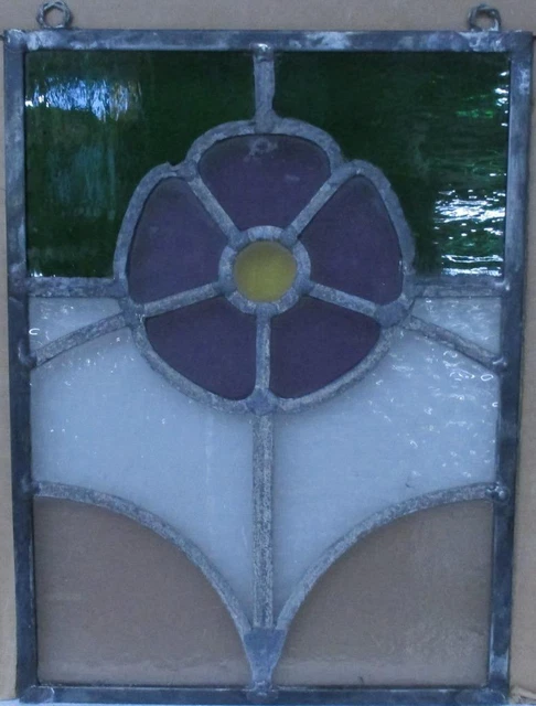 OLD ENGLISH STAINED GLASS WINDOW Unframed w Hooks Pretty Floral 9.25" x 13"