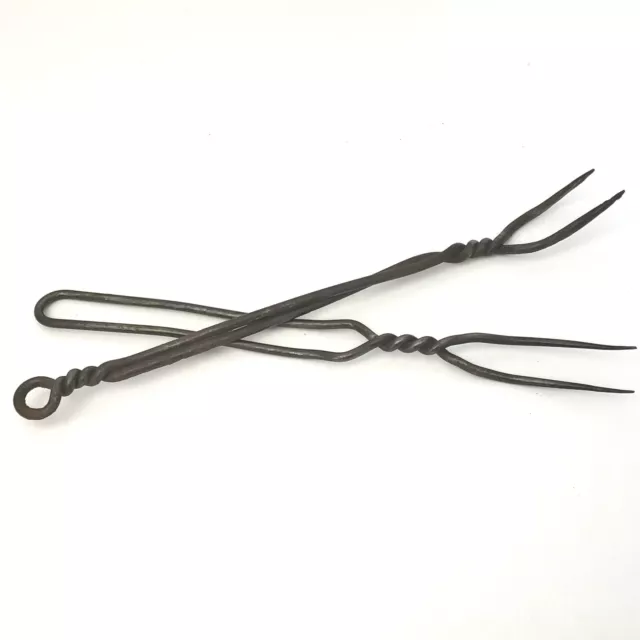 Early Pair Forged Wrought Iron Twisted Two Prong Forks ~ Hearth Utensil