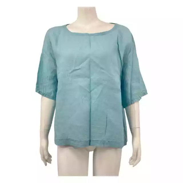 Eileen Fisher Womens Boxy Top Size Medium Blue Half Sleeves 100% Organic Linen