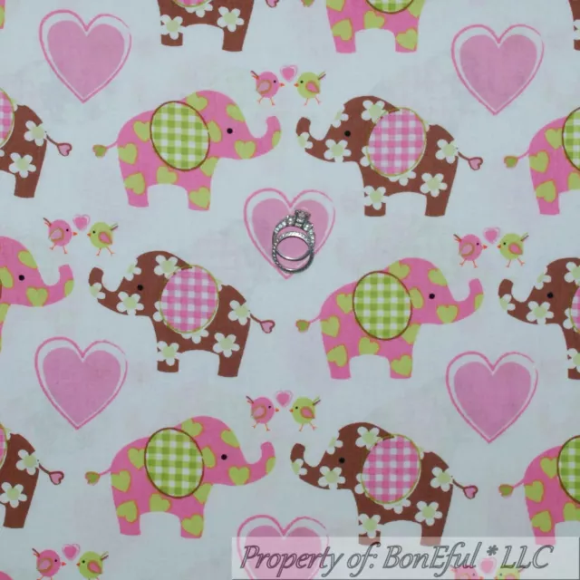 BonEful FABRIC FQ Cotton Quilt White Pink Green Elephant Flower Heart Baby Girl