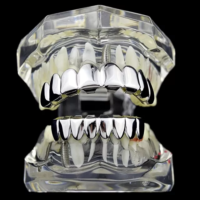 Men's Best Grillz 8/8 Set Eight Top & 8 Bottom Plain Silver Tone Hip Hop Teeth