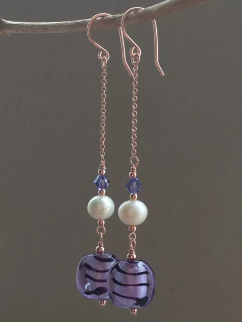 Lavender Silver Foil Glass, FW Pearls & Crystals 14ct Rolled Rose Gold Earrings