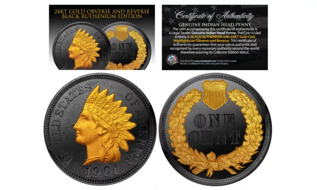 Genuine 1900's INDIAN HEAD CENT PENNY Full Head Coin BLACK RUTHENIUM 24K Gold