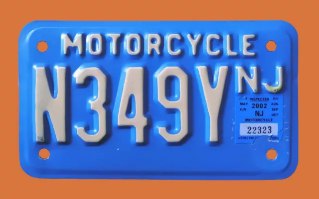 1992 New Jersey  Buff On Blue Motorcycle Cycle License Plate " N 349 Y " Nj 92