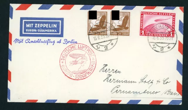 DR Zeppelin Luftpost Brief Europa-Südamerika + Anschluss 1935 MiFr. Nr. 455