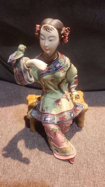 Pre-owned Chinese Wucai Porcelain Pottery Lady Bird Lucky Happy Flower Statue