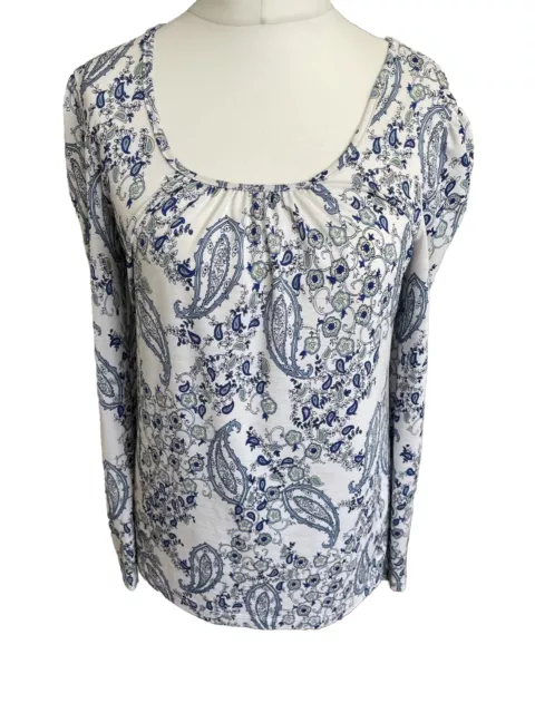 Kim & Co White Long Sleeve Blue Paisley Print Scoop Neck Top Size Small