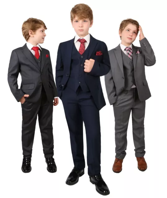 Boys Tailored Fit Wedding Suit 6 Piece Page Boy Prom Charcoal Grey Navy Blue Set