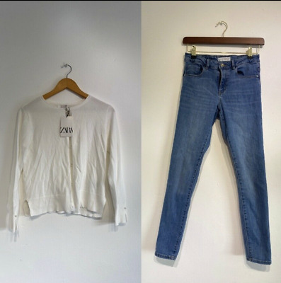 Zara Kids Girls White cardigan T-Shirt Skinny Blue jeans bundle outfit 11 12 Y