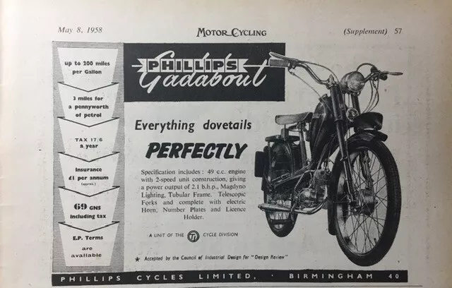 PHILLIPS GADABOUT 50cc MOPED 2.1 bhp ORIGINAL RARE 1958 B/W ADVERT 20cm x 13cm