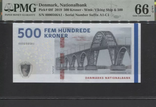 TT PK 68f 2019 DENMARK 500 KRONER SERIAL #566A1 PMG 66 EPQ GEM UNCIRCULATED