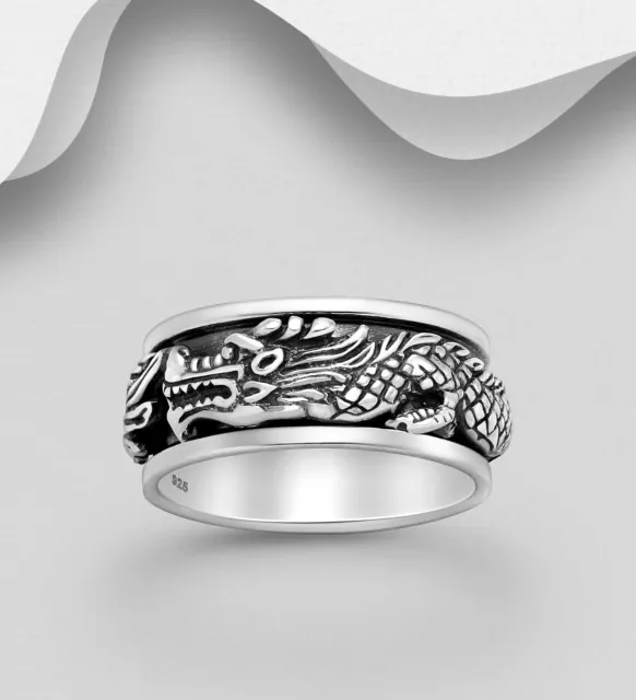 Men's Spin Band Ring 925 Sterling Silver Dragon 9mm wide Highly Polished Spinner