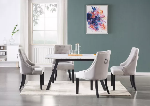 Light Grey Velvet Dining Chairs Upholstered Seat & Back Wooden Legs Dining Room