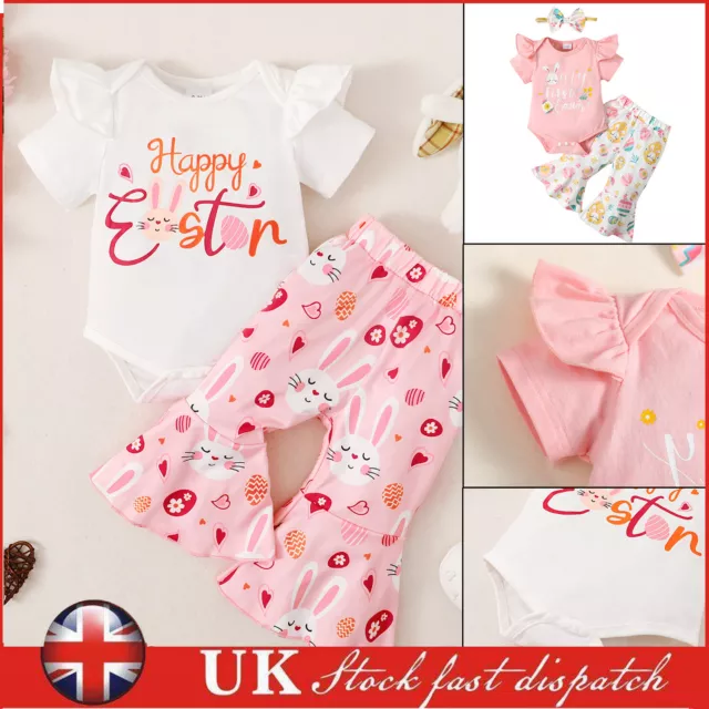 UK Easter Newborn Baby Girls Clothes Ruffle Romper Floral Pants Outfits Bodysuit